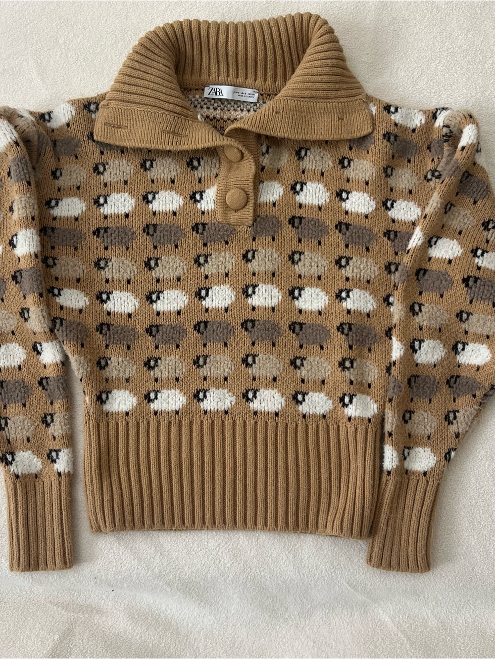 Zara Sheep Beige Pattern Acrylic Shawl Collar Cropped Pullover Sweater Women S